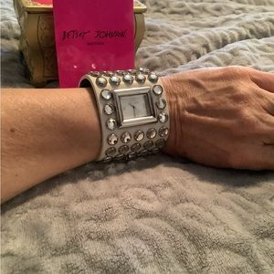 Vintage Betsey Johnson White Leather and Rhinestone Studded Cuff Watch